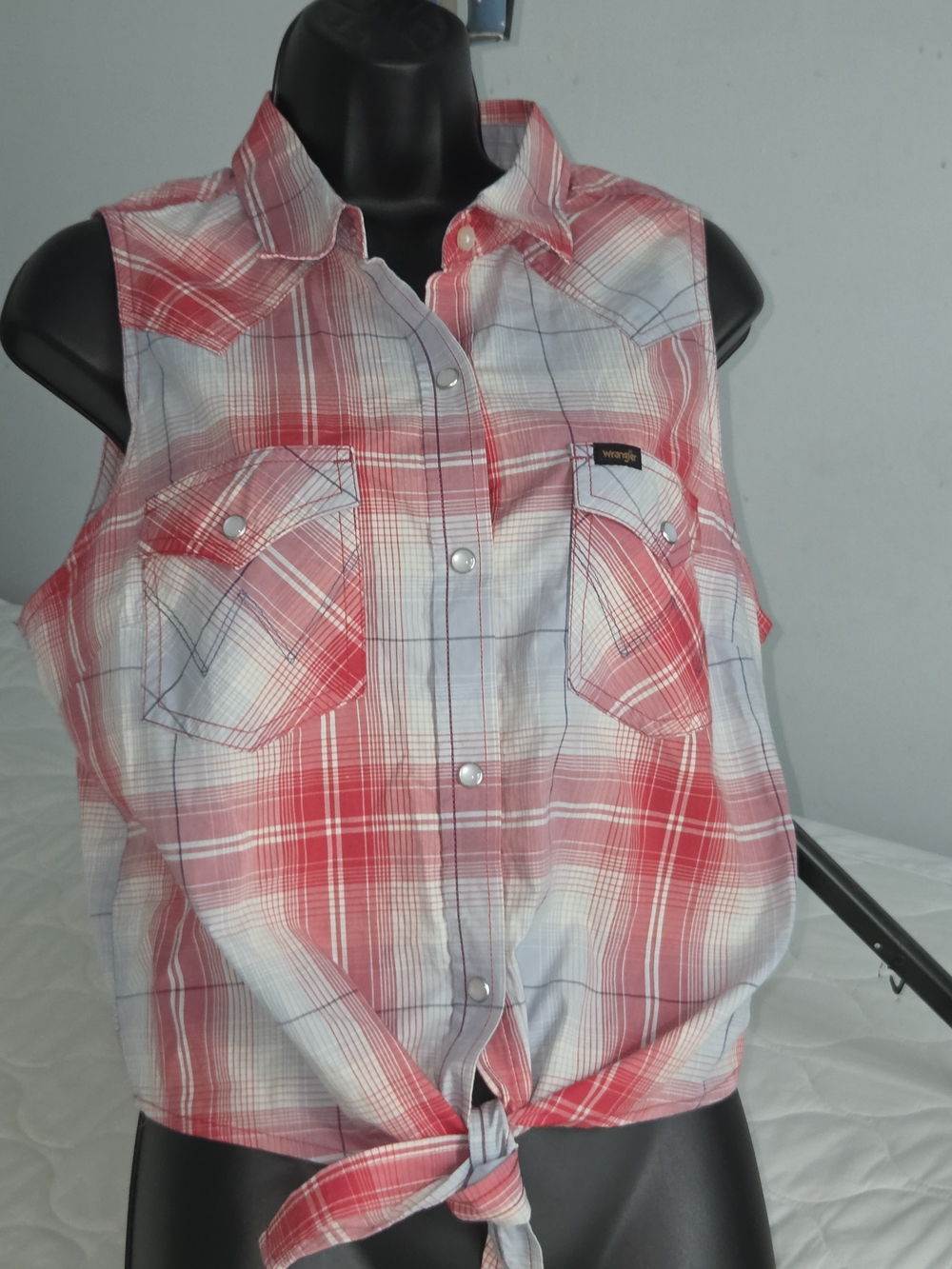 Wrangler Red and White Plaid Sleeveless Tie-Front Shirt